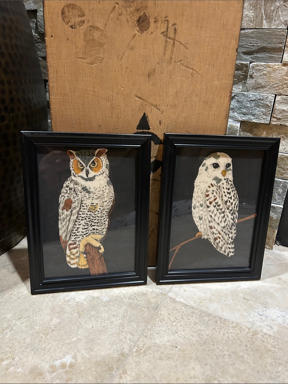 Vintage Framed Felt Owl Artwork Pair - Black Frames, Neutral Tones